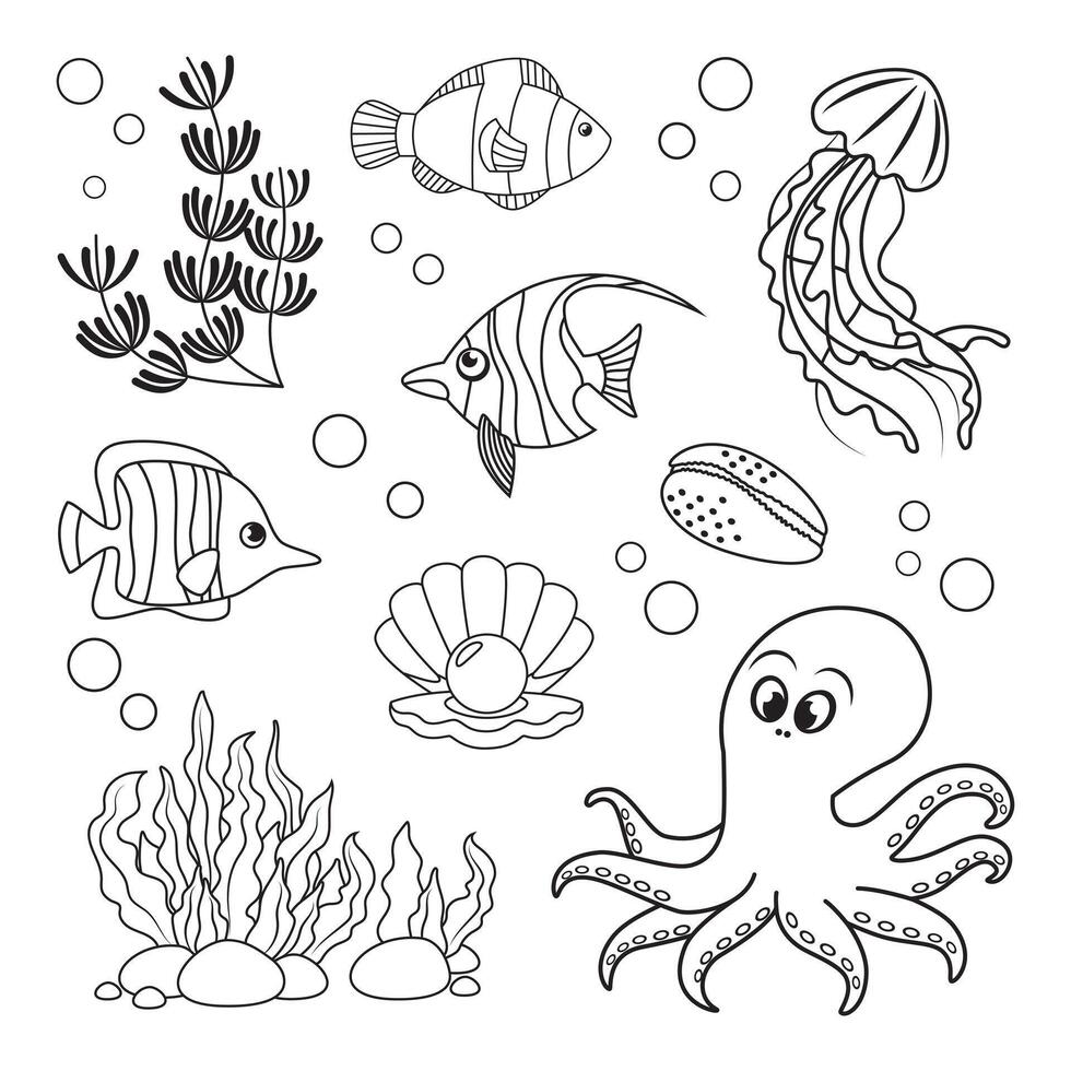 marina colocar, pez, pulpo, Medusa y conchas en sencillo lineal estilo. negro y blanco gráficos para libros y carteles vector