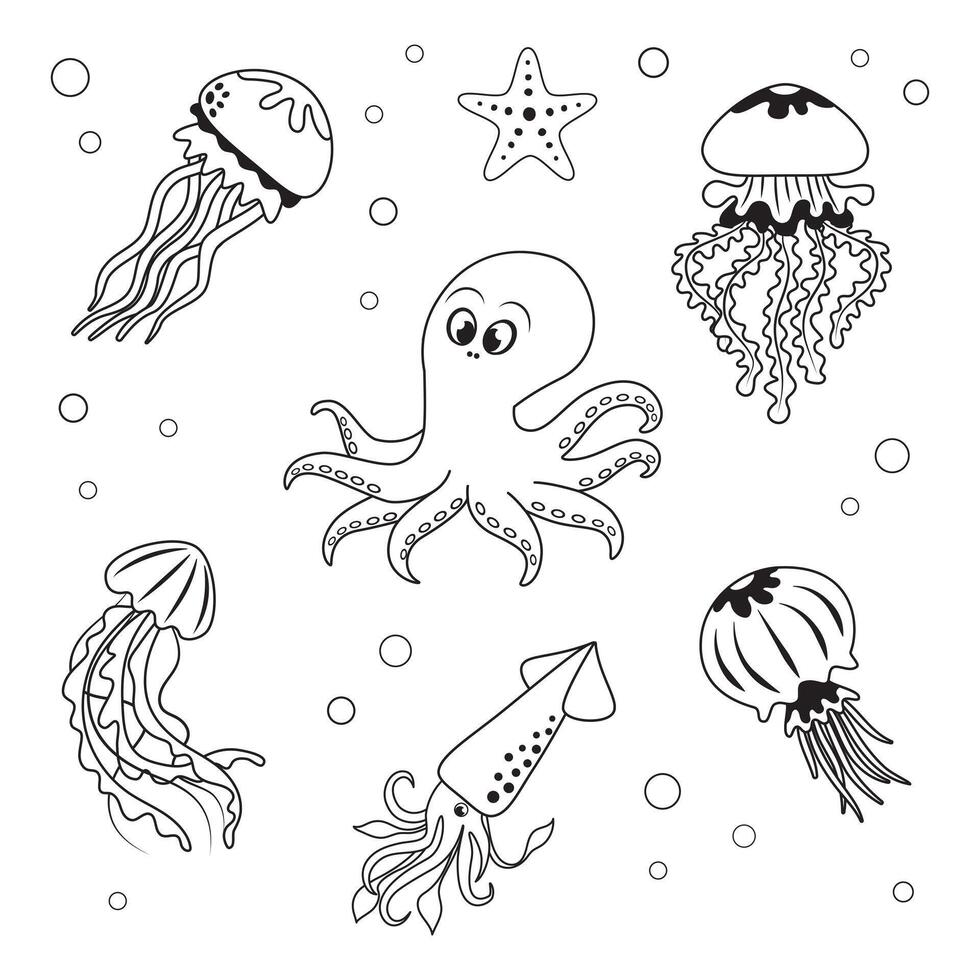 Marine set, anemone, octopus, squid, jellyfish and corrals in simple linear style. Black and white graphics for books and posters vector