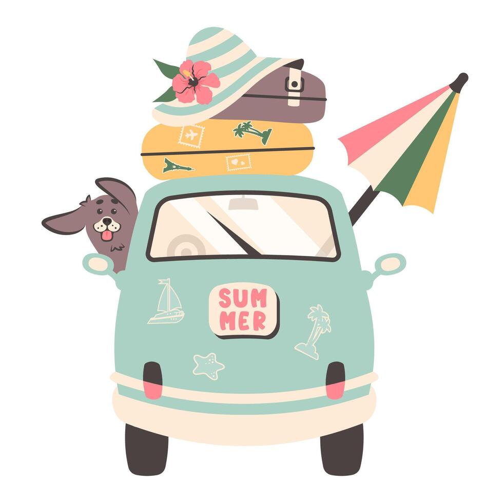 verano viajar. familia la carretera viaje por coche. coche viaje y turista viaje concepto. familia de viaje con maletas, perro, playa paraguas, sombrero para el sol paseos a mar. familia coche va a playa. ilustración vector