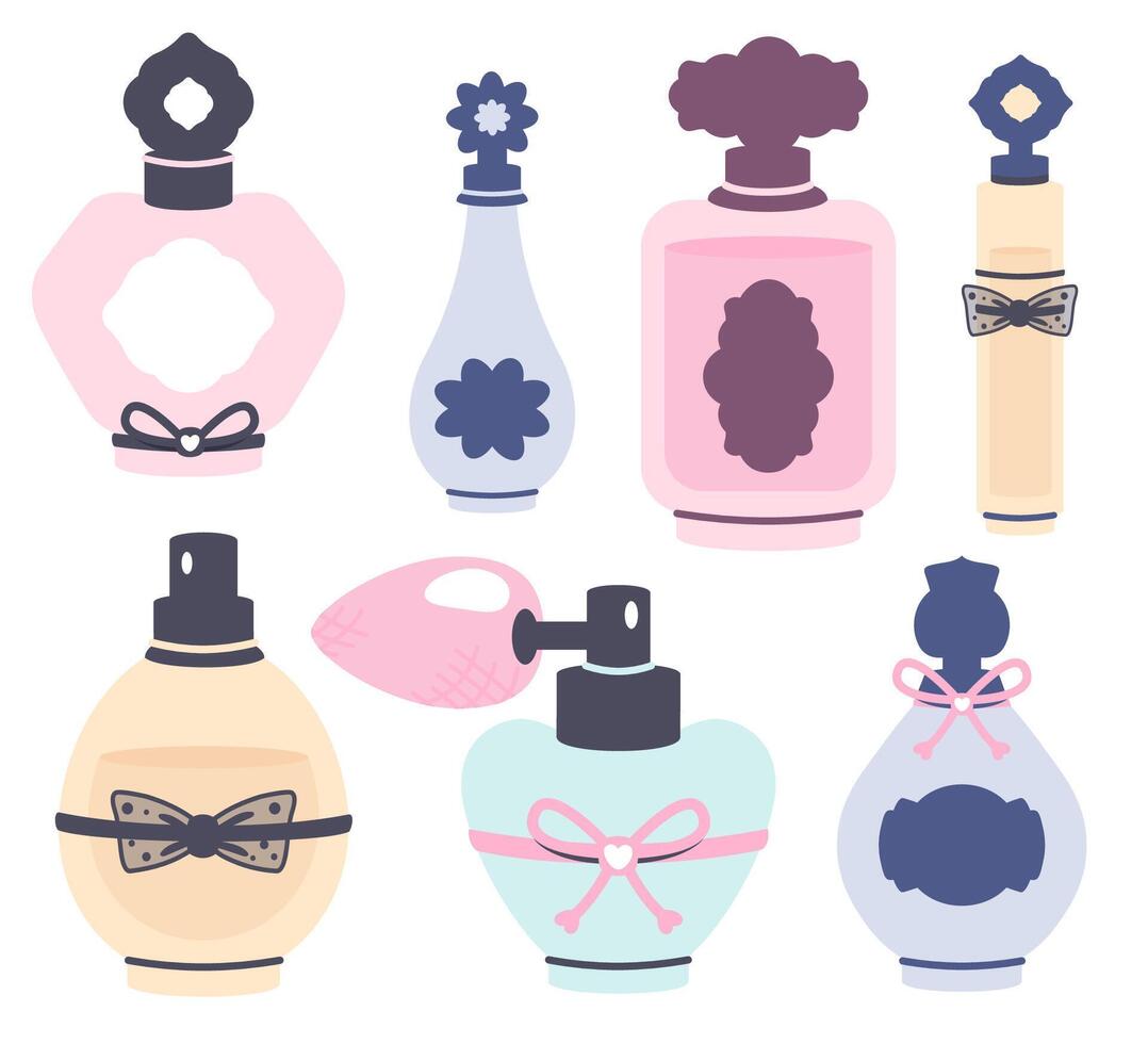 Set of Perfumes isolated. Glass Aroma essence in Elegant vials. Different Bottles of lady and man perfum with label, ribbon. Hand drawn trendy design for logo, cosmetic industry. vector