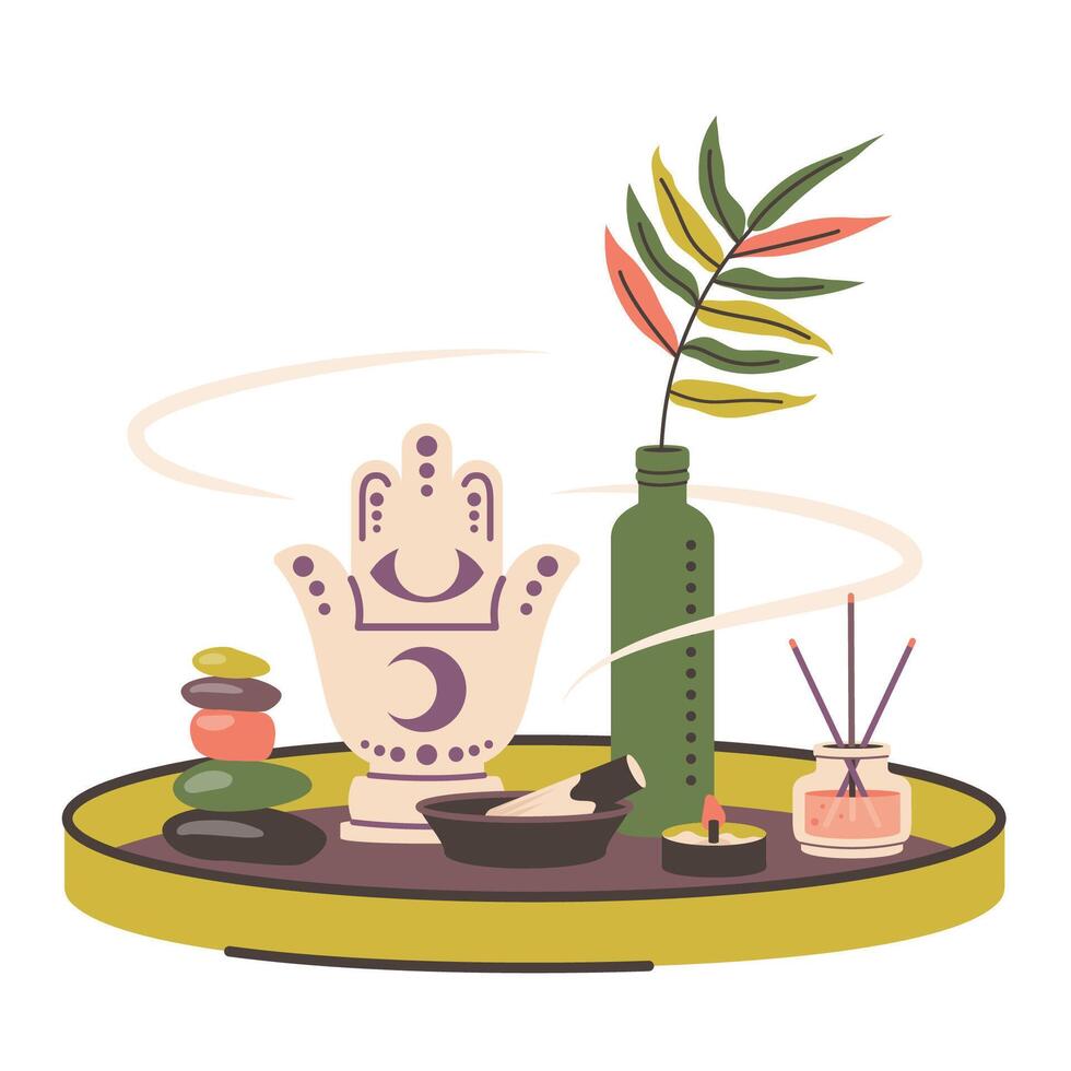 Meditation practice. Composition of yoga symbol. Meditating elements for mindfulness, harmony, calmness, relax. Hand statue, leaf, diffuser, aromatic sticks, tray, stones, candles, bowl. vector