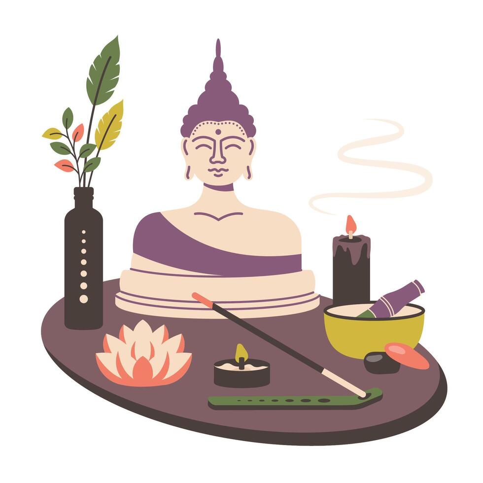 Yoga symbol. Meditation practice. Lotus flower, leaf, aromatic sticks, stones, candles. Various elements for calmness, relax. flat illustration for Healthy lifestyle and spiritual practice. vector