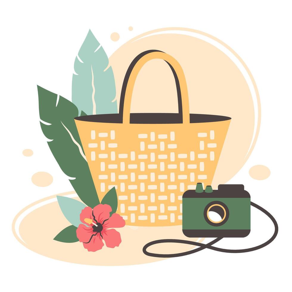 Summer outdoor clipart. Fashion beach bag, palm leaves, camera, Tropical flower, sand. Hand draw Design for travel, walking, weekend, relaxing, activities. illustration for card, summer concept vector