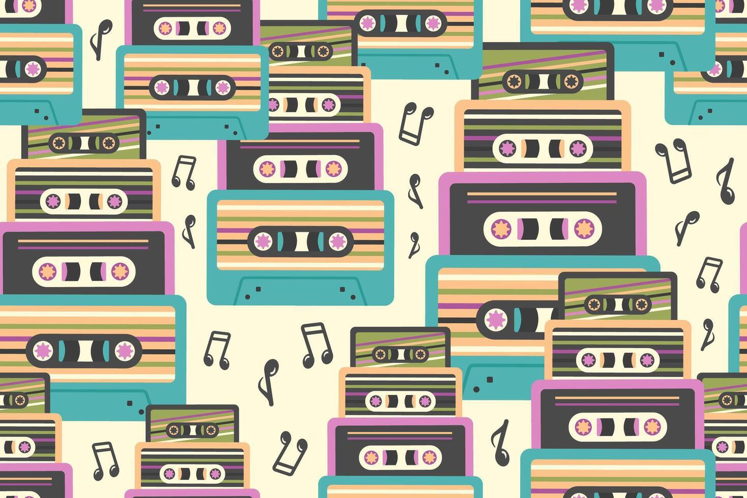 Cassette seamless pattern. Retro audio cassettes with notes. Old school concept. Music background. Repeat texture ornament in 90s, 80s, 70s style. illustration for packaging, wallpaper, textile vector