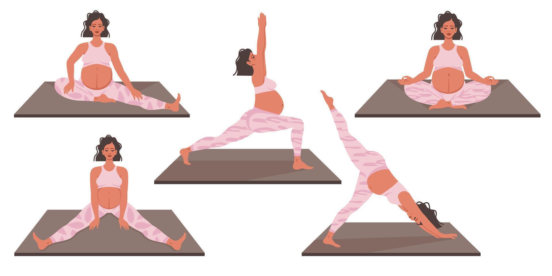 Pregnant yoga. Group of pregnant women meditating, relaxing in lotus pose, doing exercises in asana. Physical training for future mouthers. Healthy lifestyle, bodycare, care for future child. vector