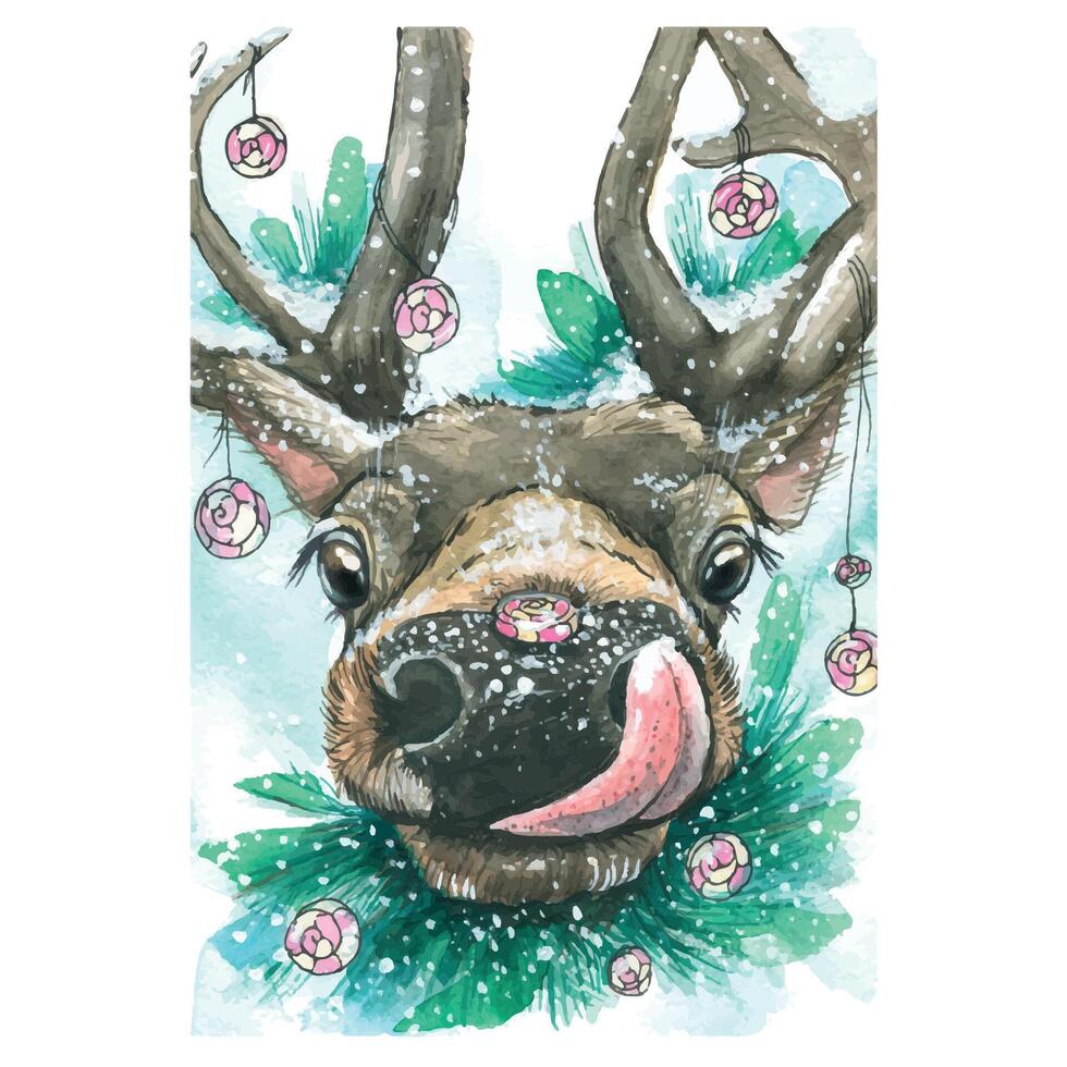 Cute deer with sweets, lollipops, in the snow with fir branches. Watercolor, winter illustration. For the design and decoration of postcards, posters, New Year and Christmas paraphernalia, packaging vector