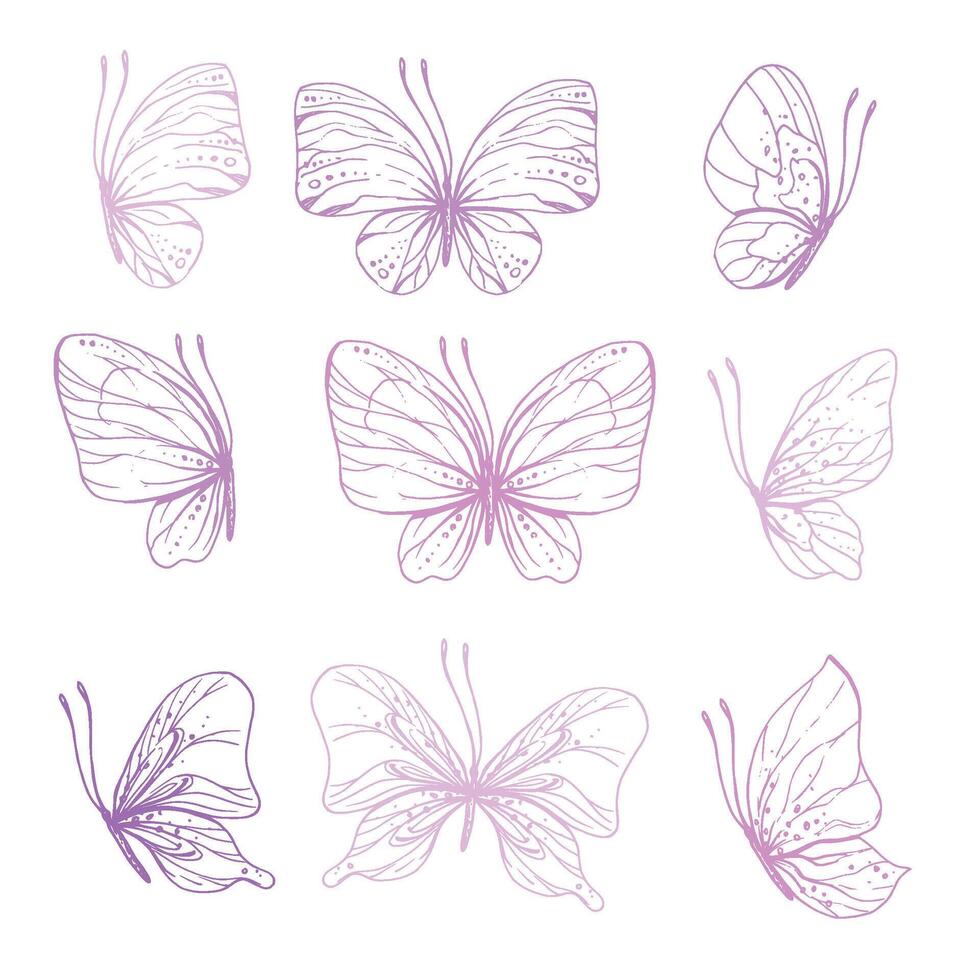 Butterflies are pink, blue, lilac, flying, delicate line art, clip art. Graphic illustration hand drawn in pink, lilac ink. Set of isolated objects EPS . vector