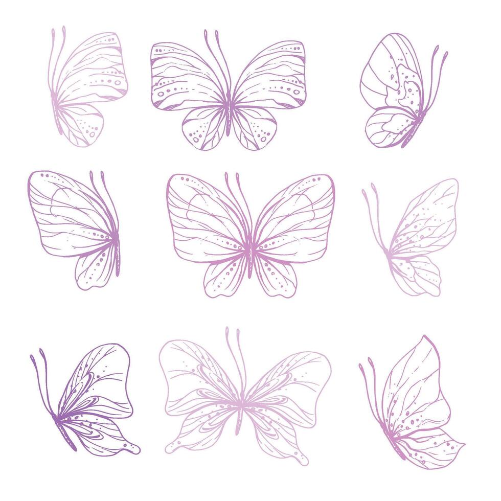 mariposas son rosa, azul, lila, volador, delicado línea arte, acortar Arte. gráfico ilustración mano dibujado en rosa, lila tinta. conjunto de aislado objetos eps . vector