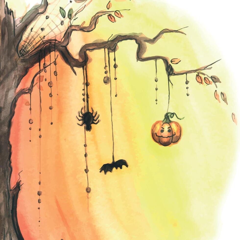 Halloween, orange background with tree, spider, spider web, pumpkin. Watercolor illustration. For the design and decoration of postcards, posters, invitations, flyers, advertising. vector