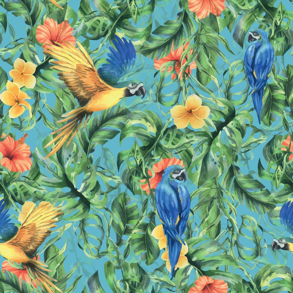 Tropical palm leaves, monstera and flowers of plumeria, hibiscus, bright juicy with blue-yellow macaw parrot. Hand drawn watercolor botanical illustration. Seamless pattern on the blue background vector
