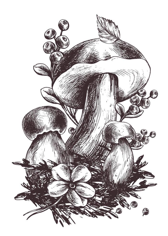 Mushrooms forest boletus with grass, blueberries, moss and cone. Graphic illustration hand drawn in black ink. Pre-made composition EPS . vector