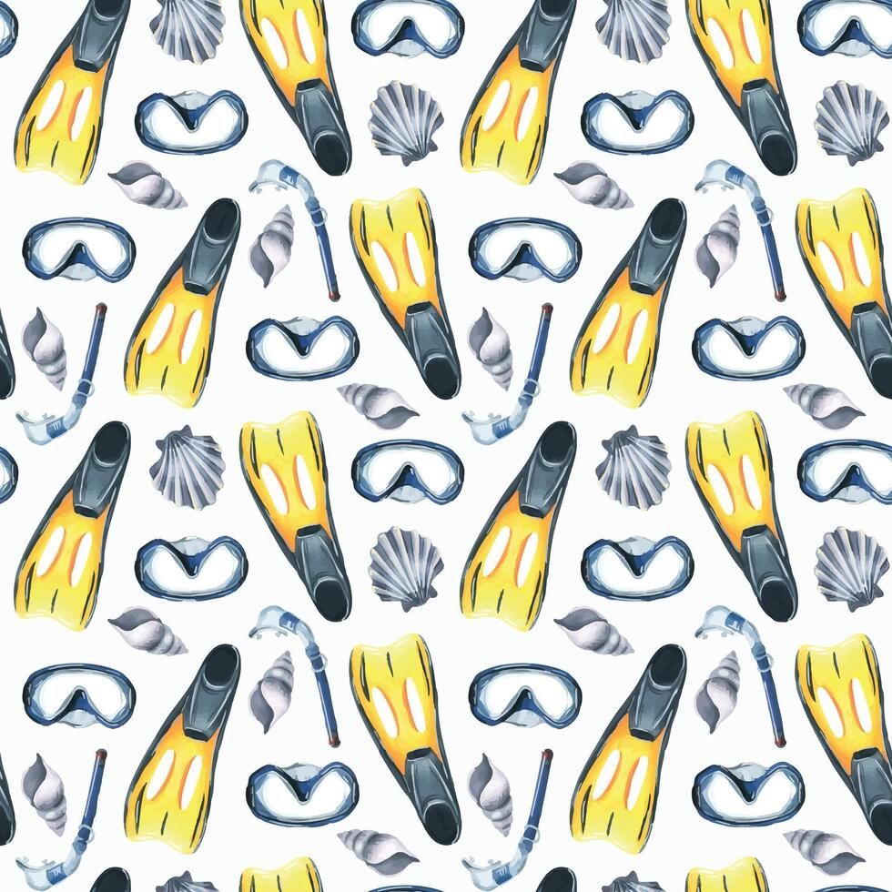 fins, shells, mask and snorkel. Watercolor illustration, hand drawn. Seamless pattern on a white background vector