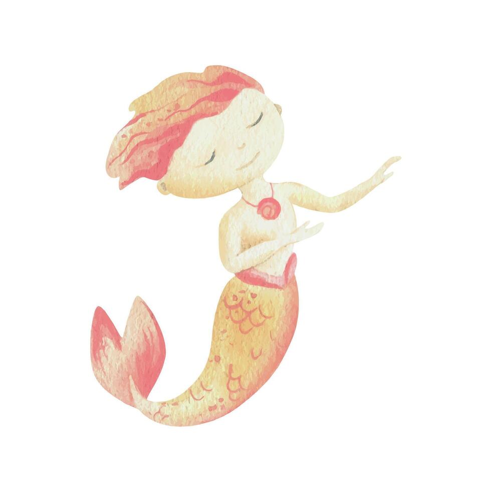 Mermaid is a little boy with tail, holding a pearl in her hand. Watercolor illustration hand drawn with pastel colors pink, peach, coral. Element isolated from background. vector