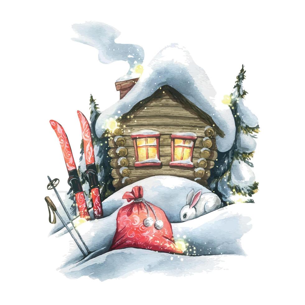 un de madera choza entre el nieve con un bolso para regalos y esquís, un liebre y abeto árboles, el casa de Papa Noel noel invierno, nuevo año, Navidad ilustración mano dibujado en acuarela. para postales, carteles vector