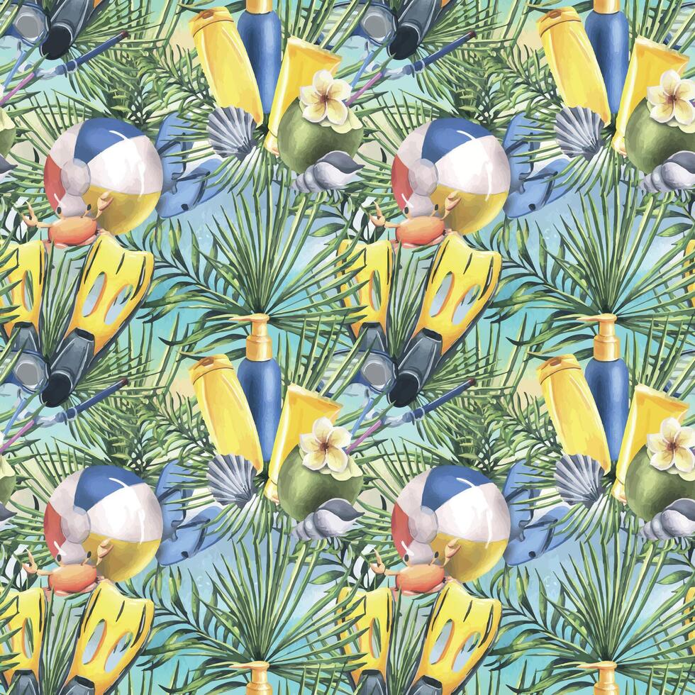 Tropical, beach, summer, seamless pattern, bright with flippers, beach ball, sun creams, palm leaves and crab. Watercolor illustration, hand drawn. For fabric, textile packaging print. vector