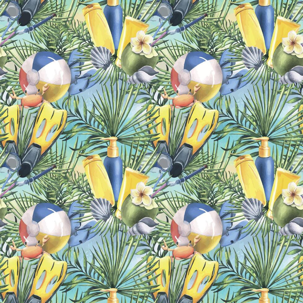 tropical, playa, verano, sin costura patrón, brillante con aletas, playa pelota, Dom cremas, palma hojas y cangrejo. acuarela ilustración, mano dibujado. para tela, textil embalaje impresión. vector