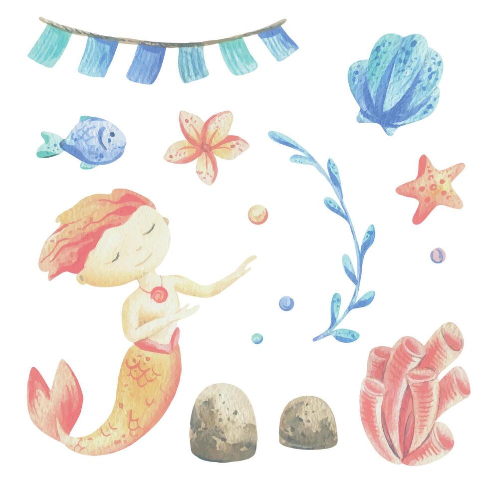 Mermaid is a little boy with fish, seashell, corals, algae, starfish. Watercolor illustration hand drawn with pastel colors turquoise, blue, coral, pink. Set of elements isolated from background. vector