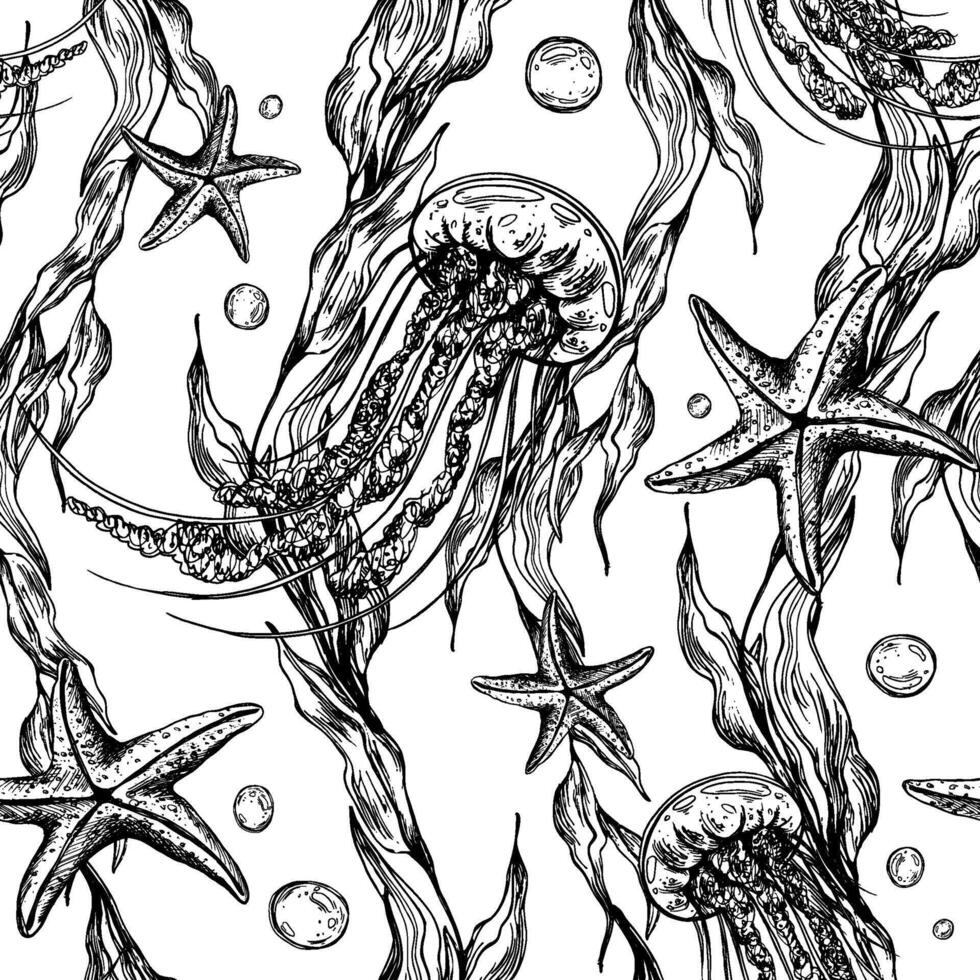 Underwater world clipart with sea animals jellyfish, starfish, bubbles and algae. Graphic illustration hand drawn in black ink. Seamless pattern EPS . vector