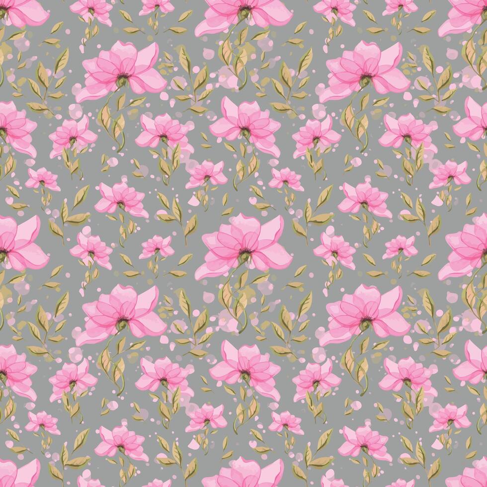 Watercolor illustration of a simple pink flower with leaves. A delicate, seamless pattern on a gray background. For design, fabrics, textiles, clothing, prints, wallpaper, scrap paper. vector