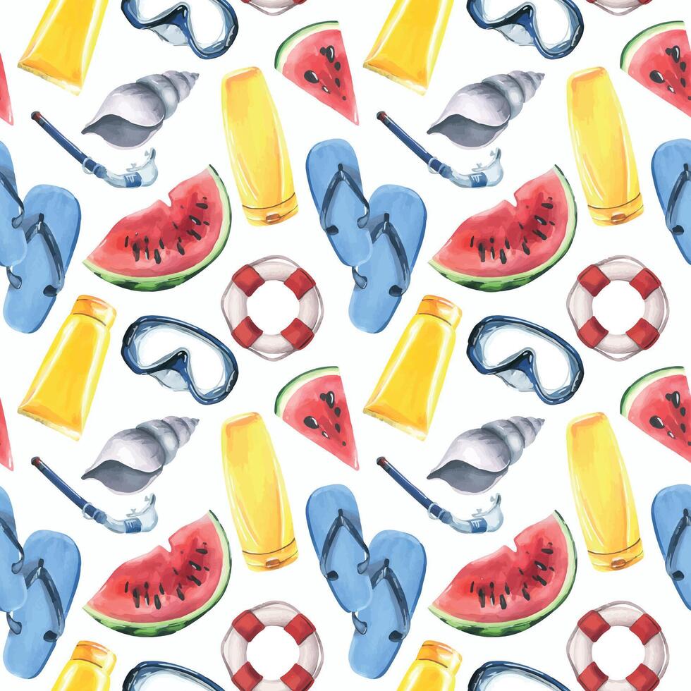 lifebuoy, flip-flops, sunblock, shells, mask and snorkel, pieces of watermelon. Watercolor illustration, hand drawn. Seamless pattern on a white background vector