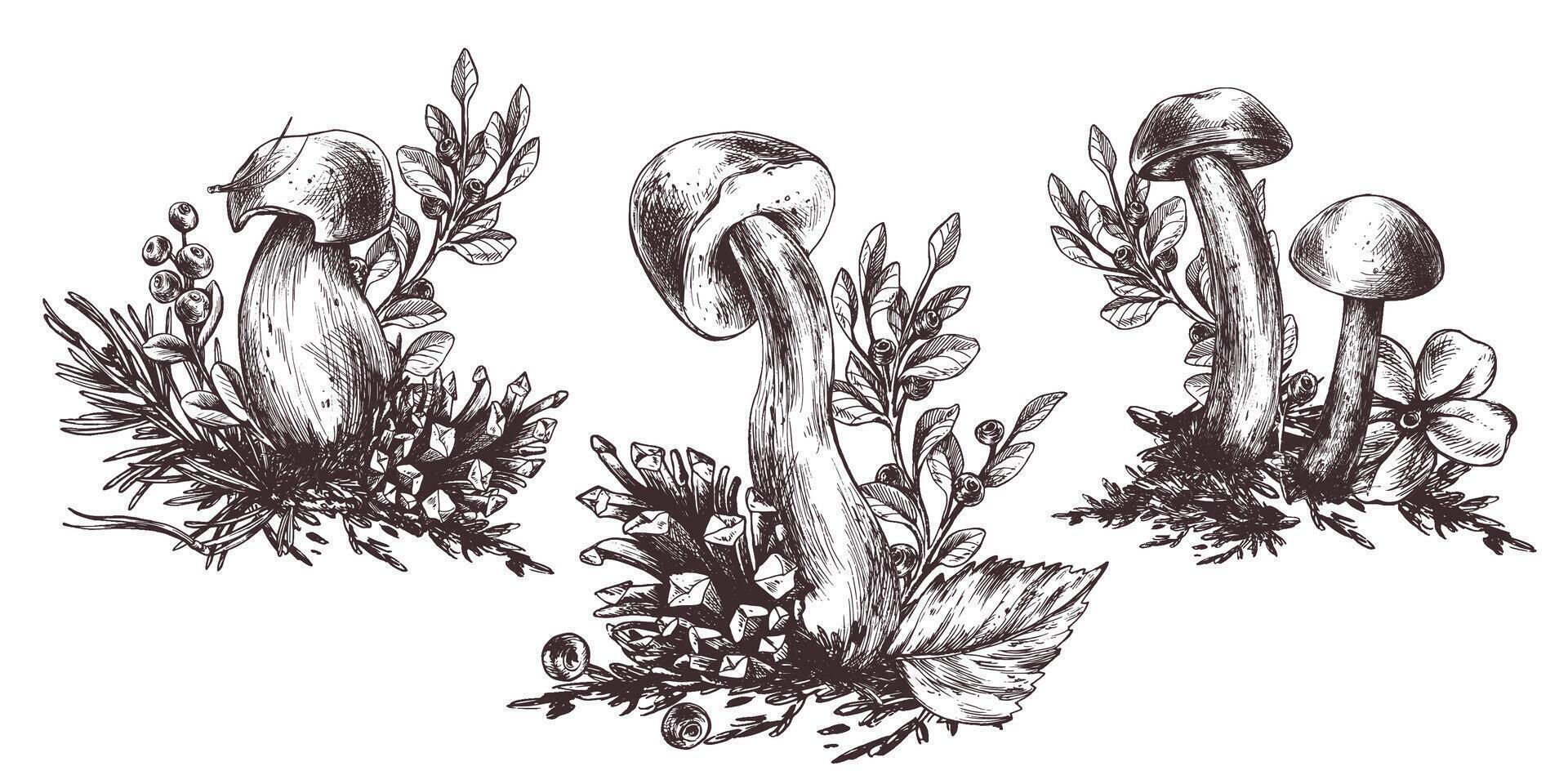 A set of forest mushrooms, boletus, chanterelles and blueberries, lingonberries, twigs, cones, leaves. Graphic illustration hand drawn in black ink. EPS . vector