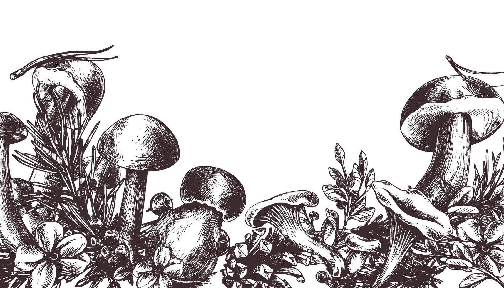 bosque hongos, boleto, rebozuelos y arándanos, arándanos rojos, leña menuda, conos, hojas. gráfico ilustración mano dibujado en negro tinta. borde, modelo eps . vector