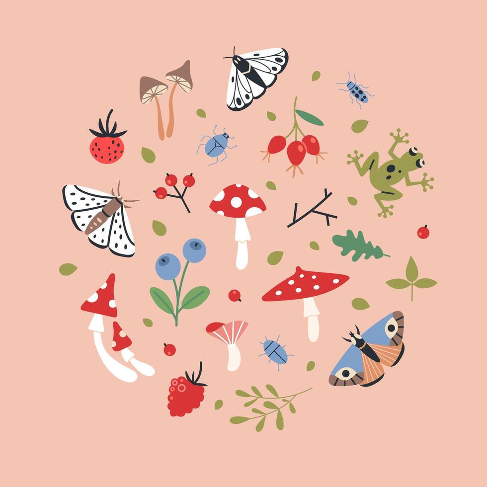 Forest flora and insects, nature items set, cartoon style. Various plants, wild berries, moth and butterflies. Goblincore aesthetics. Pink pastel colors. Trendy illustration, hand drawn, flat vector