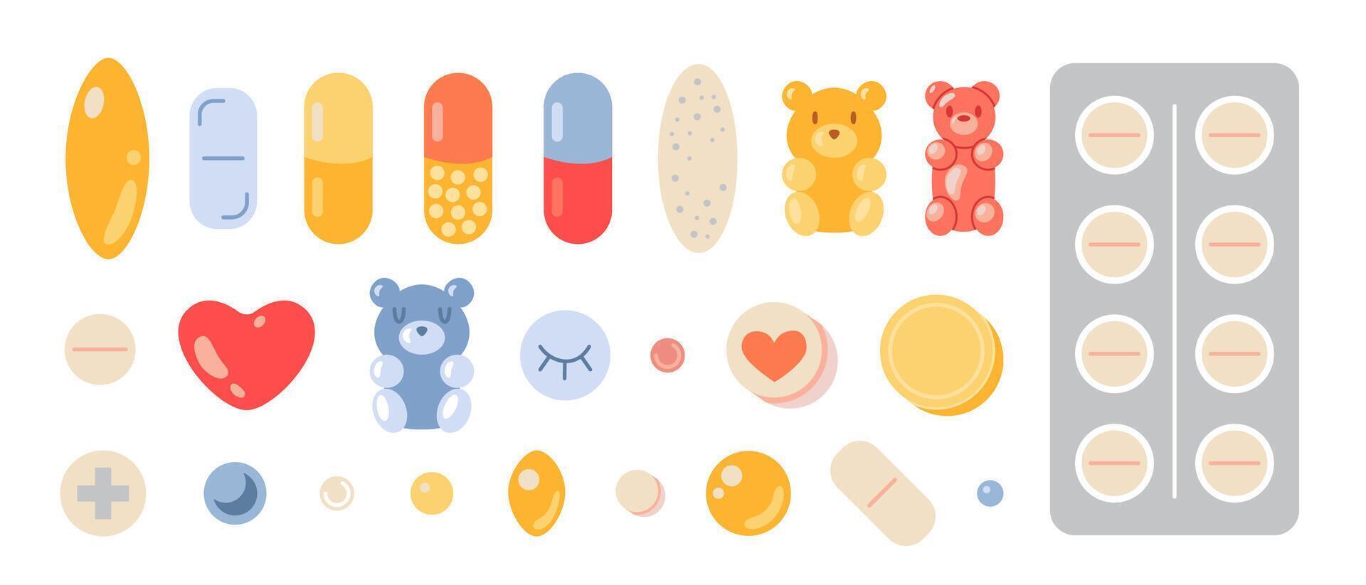 Set of cute pills and capsules, cartoon style. Treatment and health care. Medicines, tablets, capsules, gummy bear, drug of painkillers, antibiotics, vitamins. Isolated flat illustration vector