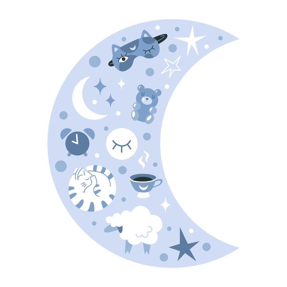 creciente luna, estrellas y cosas a ayuda usted otoño dormido rápidamente. sano dormir, tratamiento de insomnio, circadiano ritmos, descanso y recuperación concepto. aislado dibujos animados ilustración, plano diseño vector