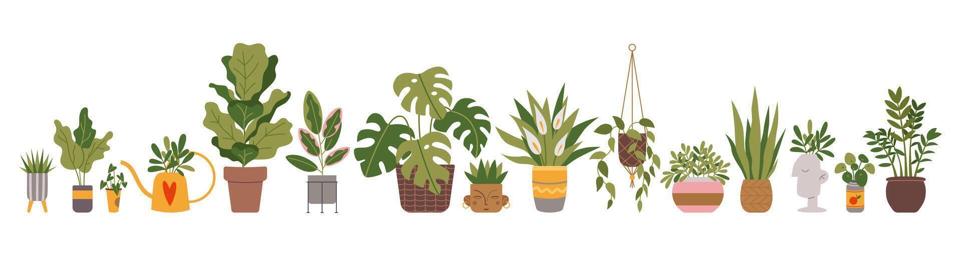 Set of trendy indoor houseplants. Potted plants for home, urban jungle decor. Modern illustration isolated on white background, hand drawn, flat design vector