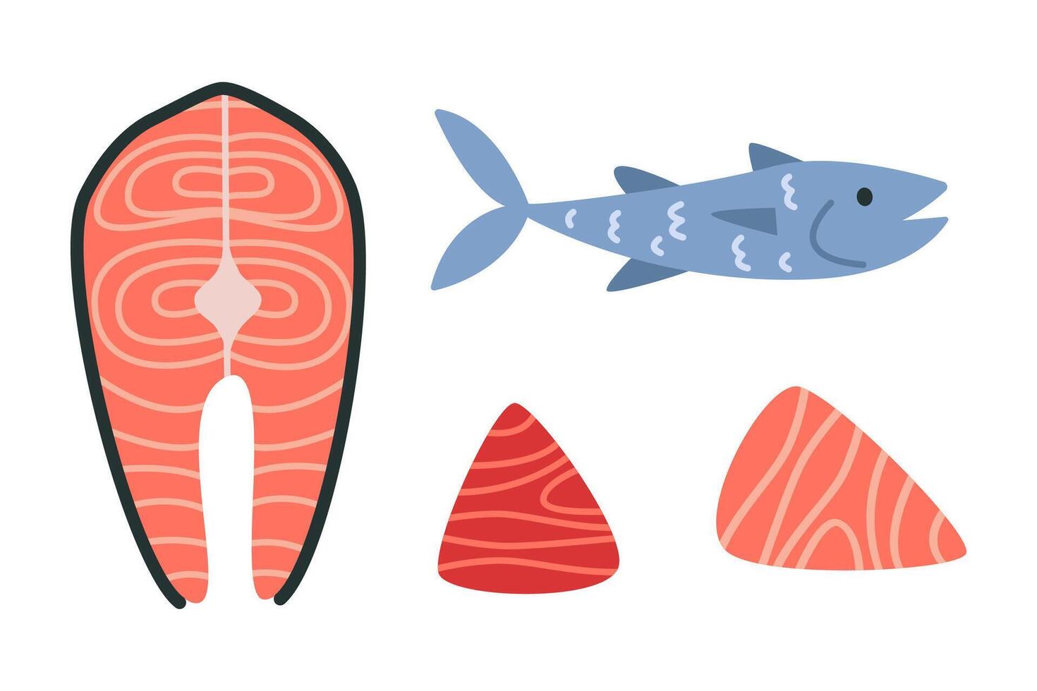 Salmon and tuna whole fish, raw steaks and fillet, red fish pieces, cartoon style. Trendy modern illustration isolated on white background, hand drawn, flat design vector