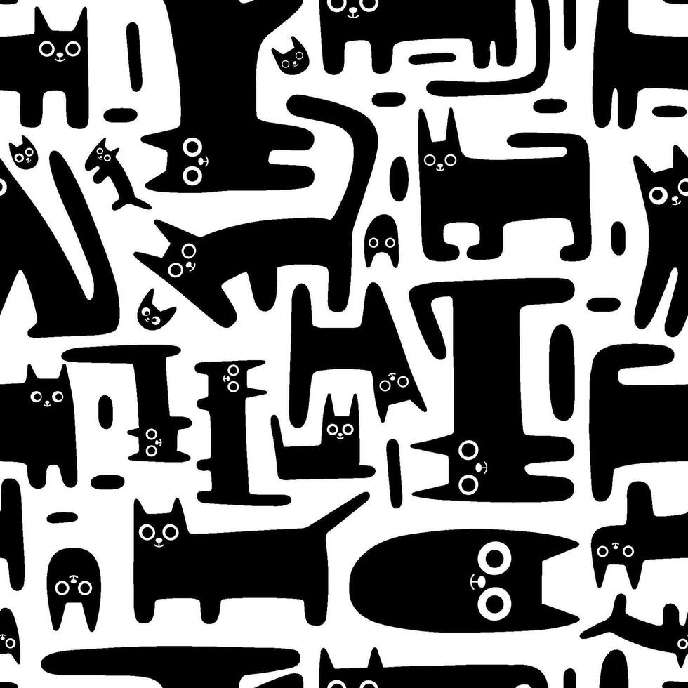 Seamless pattern with cute funny cats, black kitten on white background, cartoon style. Trendy modern illustration, hand drawn, flat design vector