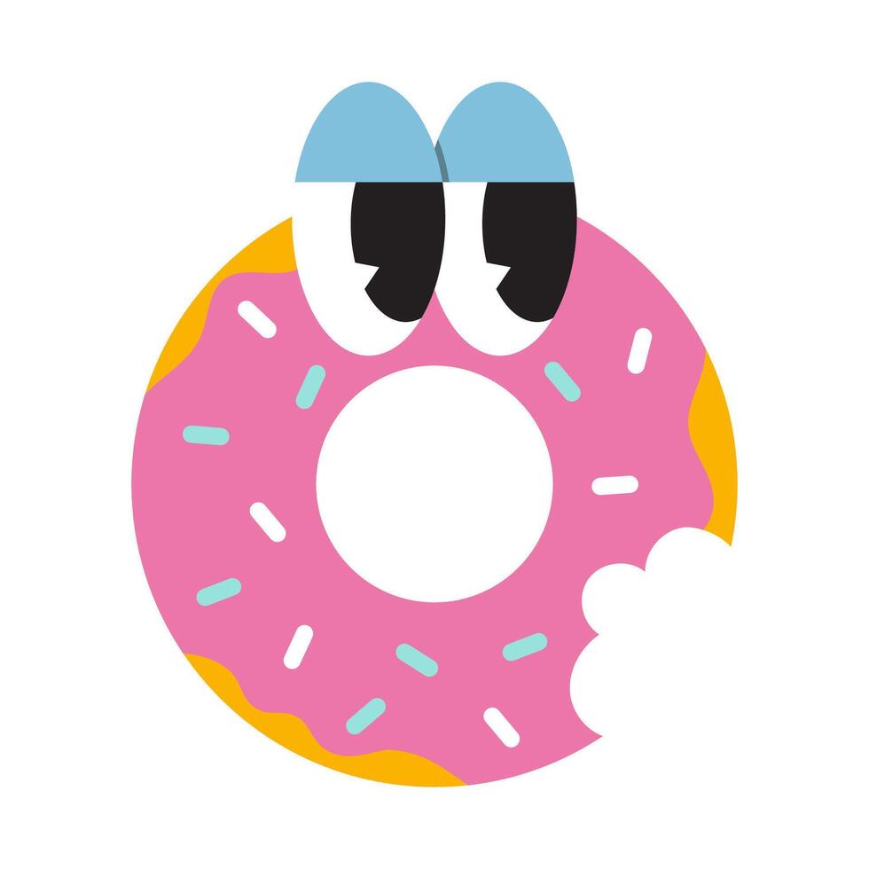 Funny Donut with eyes and a mouth bite, cartoon style, vintage groovy character. Trendy modern illustration isolated on white background, hand drawn, flat design vector