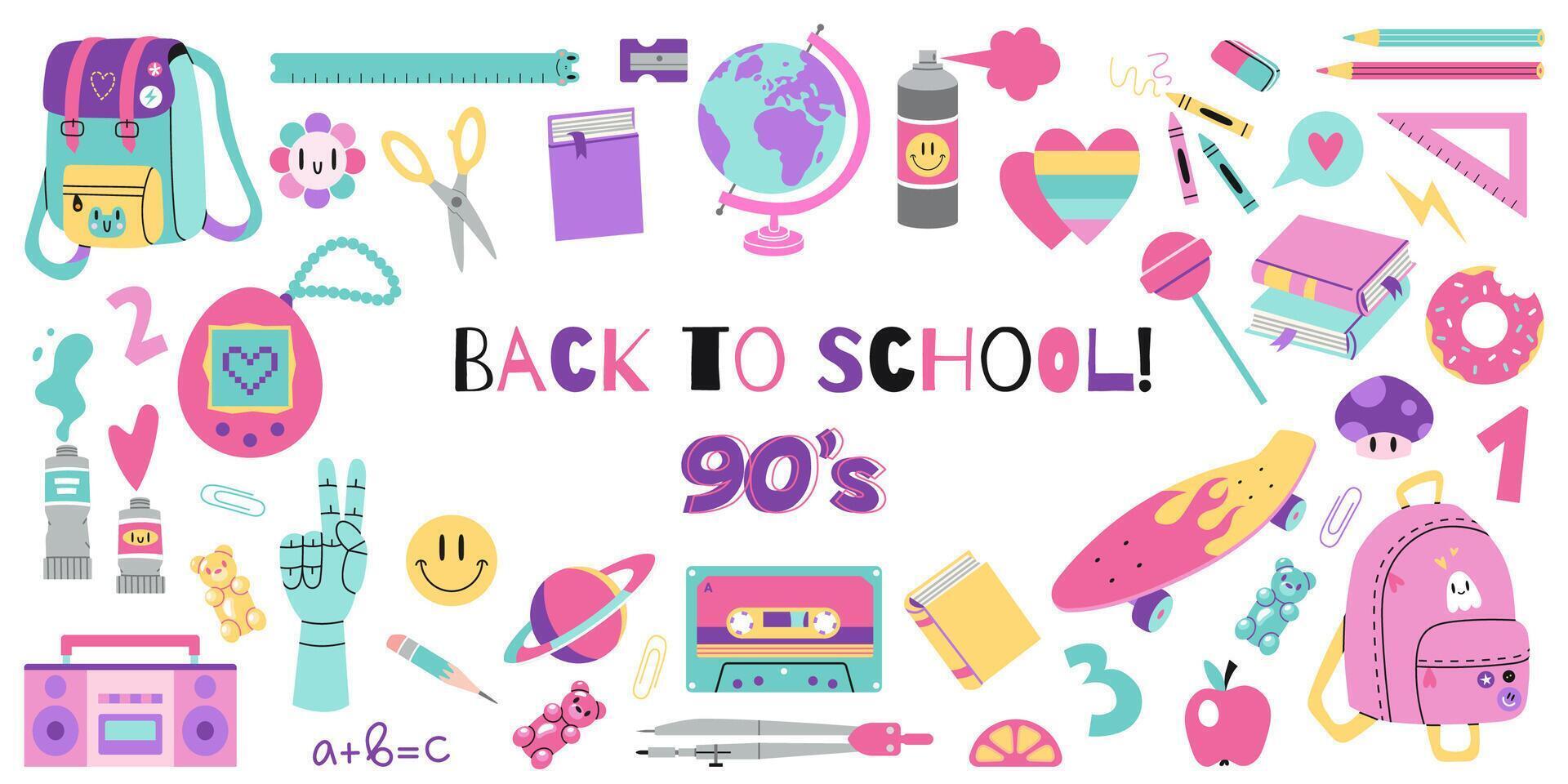 linda colegio papelería conjunto con 90s retro vibras, dibujos animados estilo. estudiante equipo, brillante pastel color. espalda a escuela. de moda ilustración aislado en blanco, mano dibujado, plano diseño vector