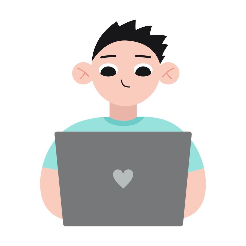 Adolescente chico utilizando ordenador portátil computadora a estudiar, dibujos animados estilo. de moda moderno ilustración aislado en blanco, mano dibujado, plano diseño vector
