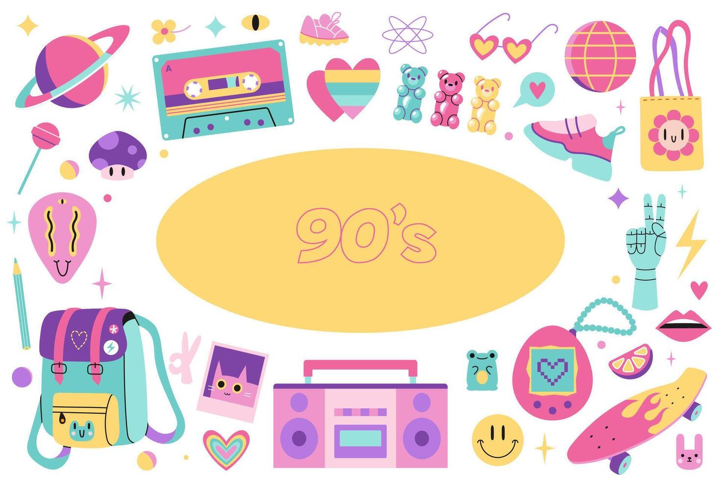 90s retro elements set, cartoon illustration. Vintage nineties vibes aesthetic in modern style, bright pastel color. Trendy modern art isolated on white background, hand drawn, flat design vector