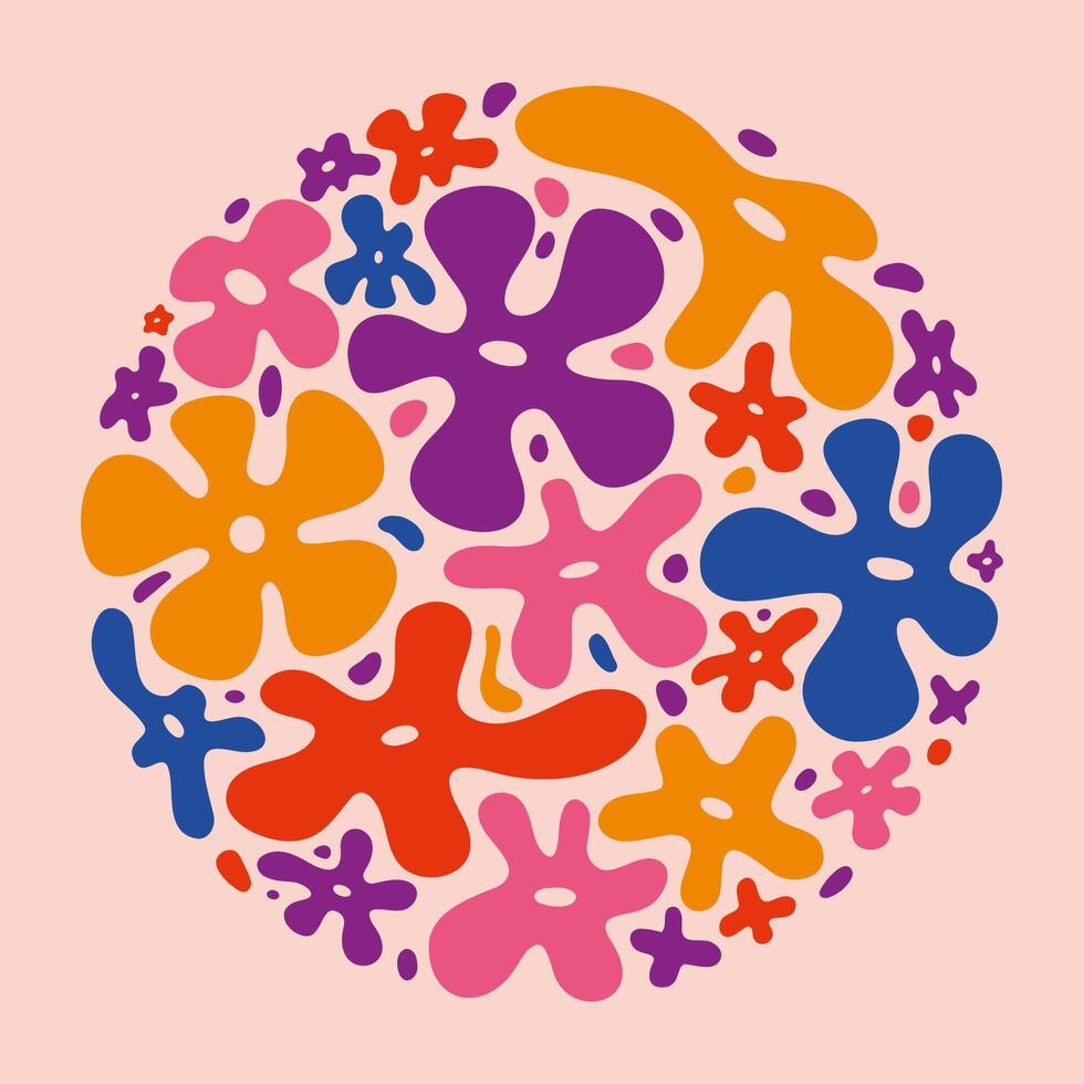 circulo con frio maravilloso flores, líquido formas miedoso florecer telones de fondo, y2k texturas, hippie retro estilo. de moda moderno ilustración, mano dibujado, plano diseño vector