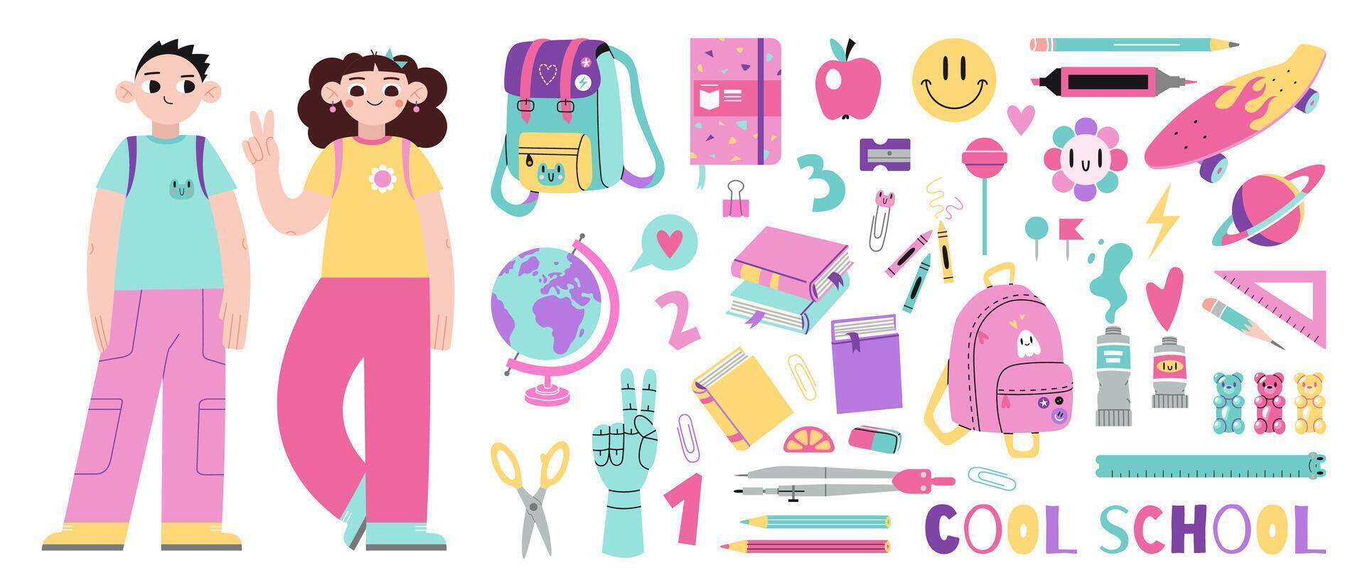 Cool school stationery set, classmates kids characters, cartoon style. Student equipment and art supplies, bright pastel color. Trendy modern illustration isolated on white, flat design vector