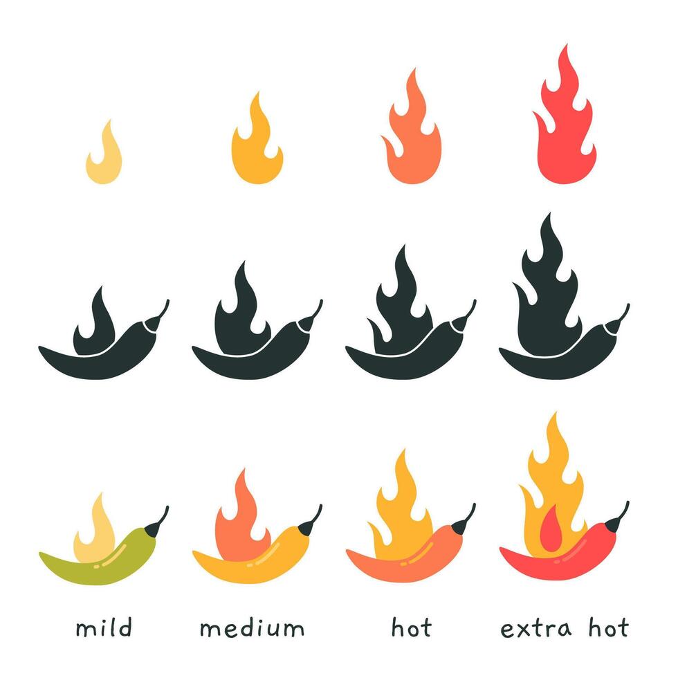 Spicy food level icons set, cartoon style. Black and white, color symbols for the menu. Chili, jalapeno, cayenne peppers with fire flames. Trendy modern isolated illustration, flat design vector