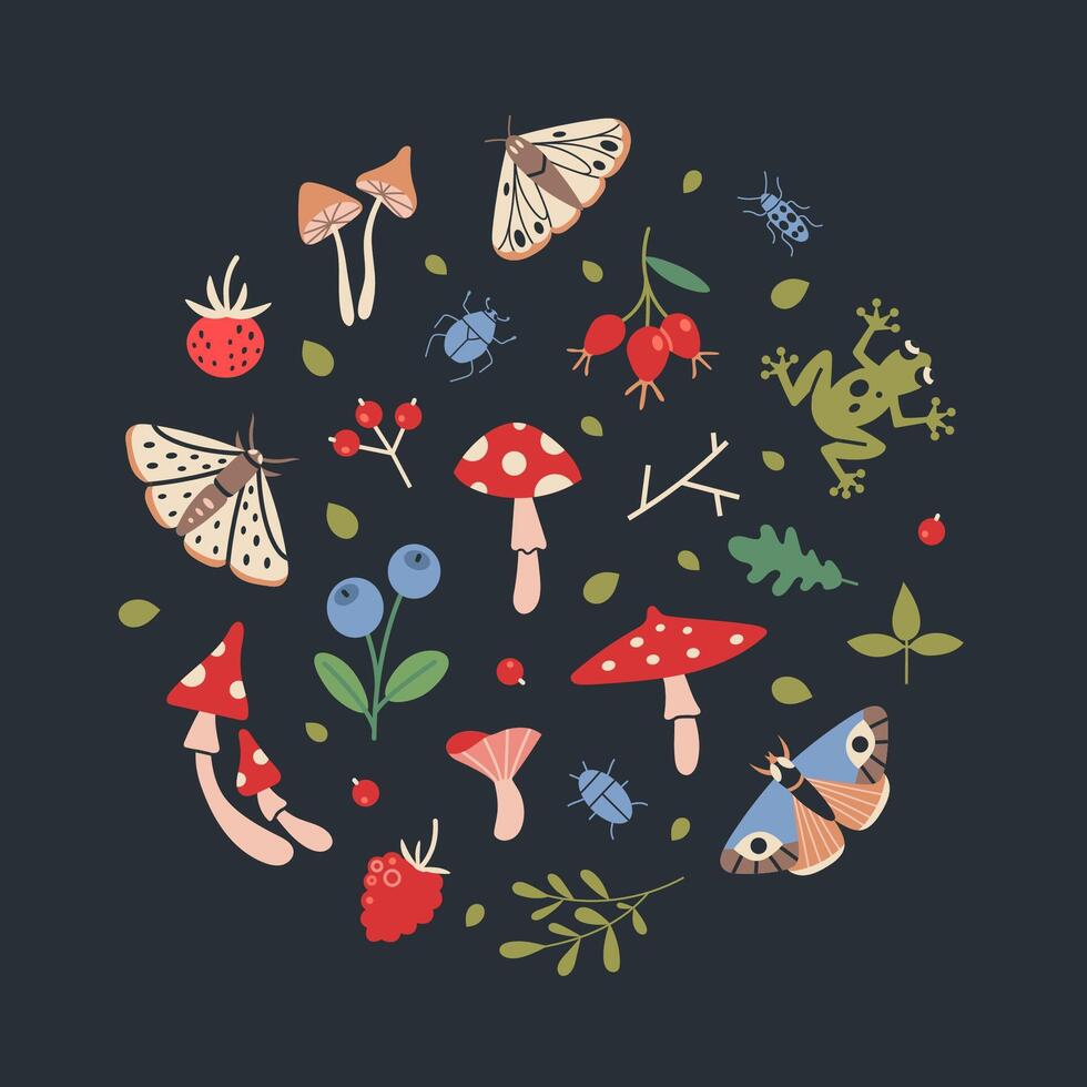Forest flora and insects, nature items set, cartoon style. Various plants, mushrooms, wild berries, bugs, moth and butterflies. Goblincore aesthetics. Trendy illustration, hand drawn, flat vector