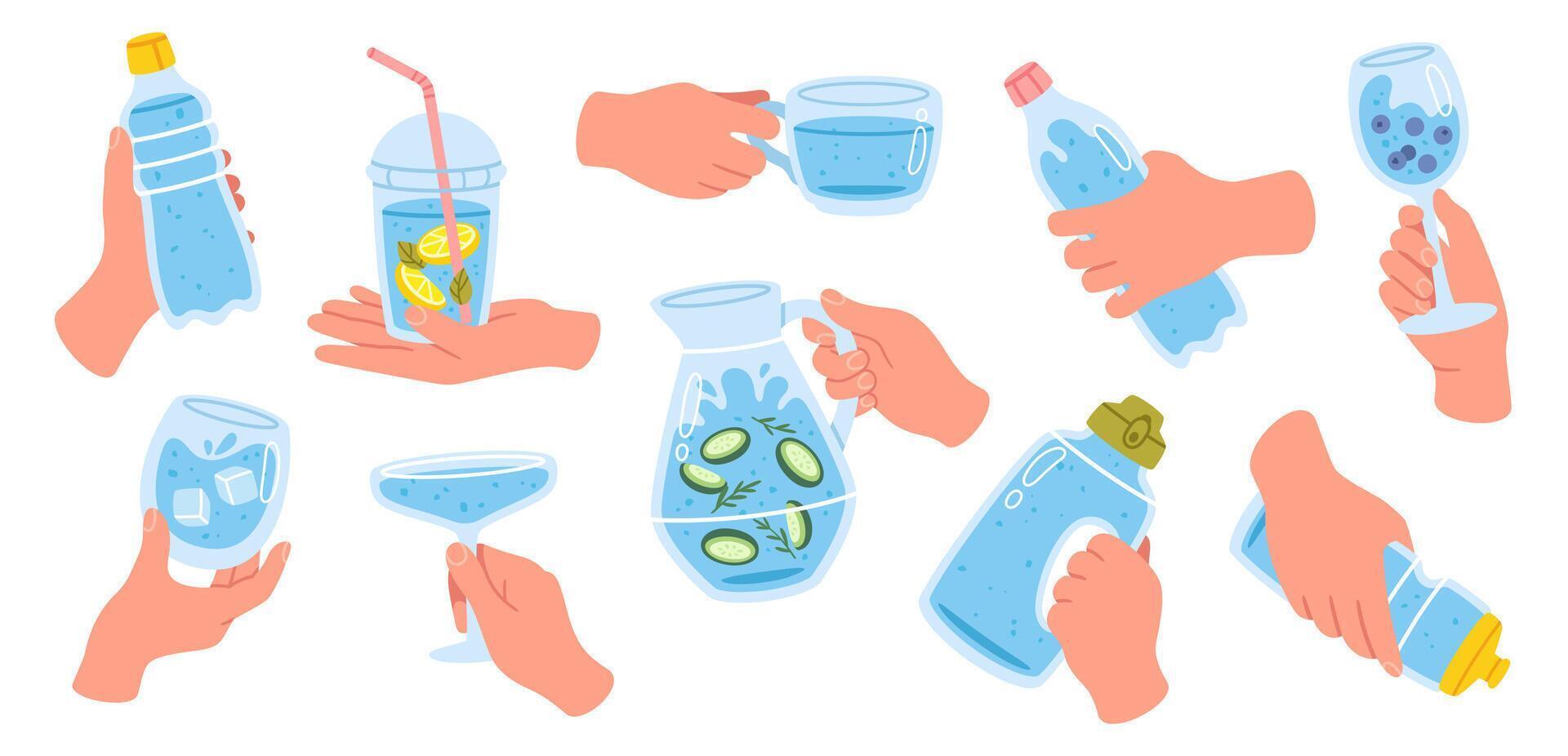 Hands holding water drinks. Various hand poses hold organic reusable container, sport bottle, glass with water drinks. Eco-friendly concept, healthy lifestyle. illustration vector