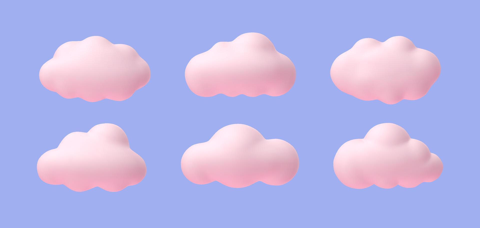 Pink clouds. Cartoon soft pink rounded cloud 3D shapes for game and animation. Magic sunset clouds isolated on blue background set vector