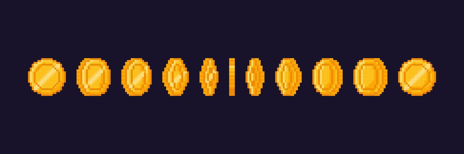 Pixel art gold coins. Cartoon 8bit pixelated money for retro game. Step by step coin animation. Concept rotating icon, 16 bit cash gaming elements. illustration vector