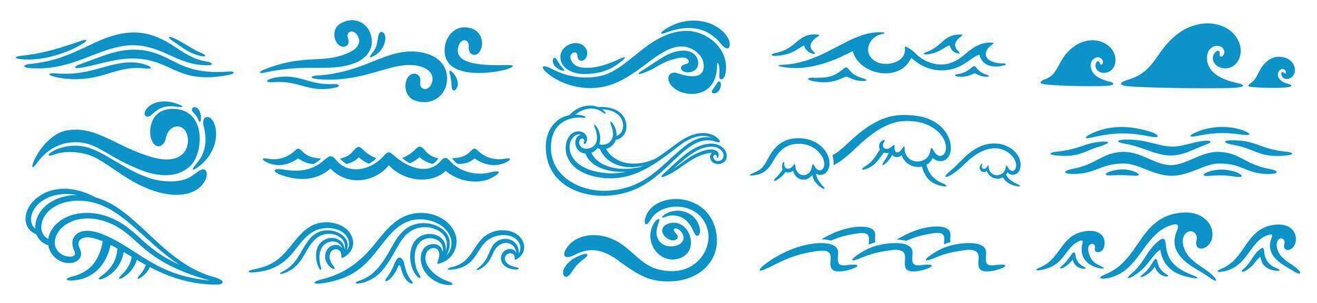 Blue ocean waves. Abstract sea silhouette wave icon. Marine decorative splashes, spray, splatter water sign. Tsunami, nautical tide, storm and weather on ocean. set vector