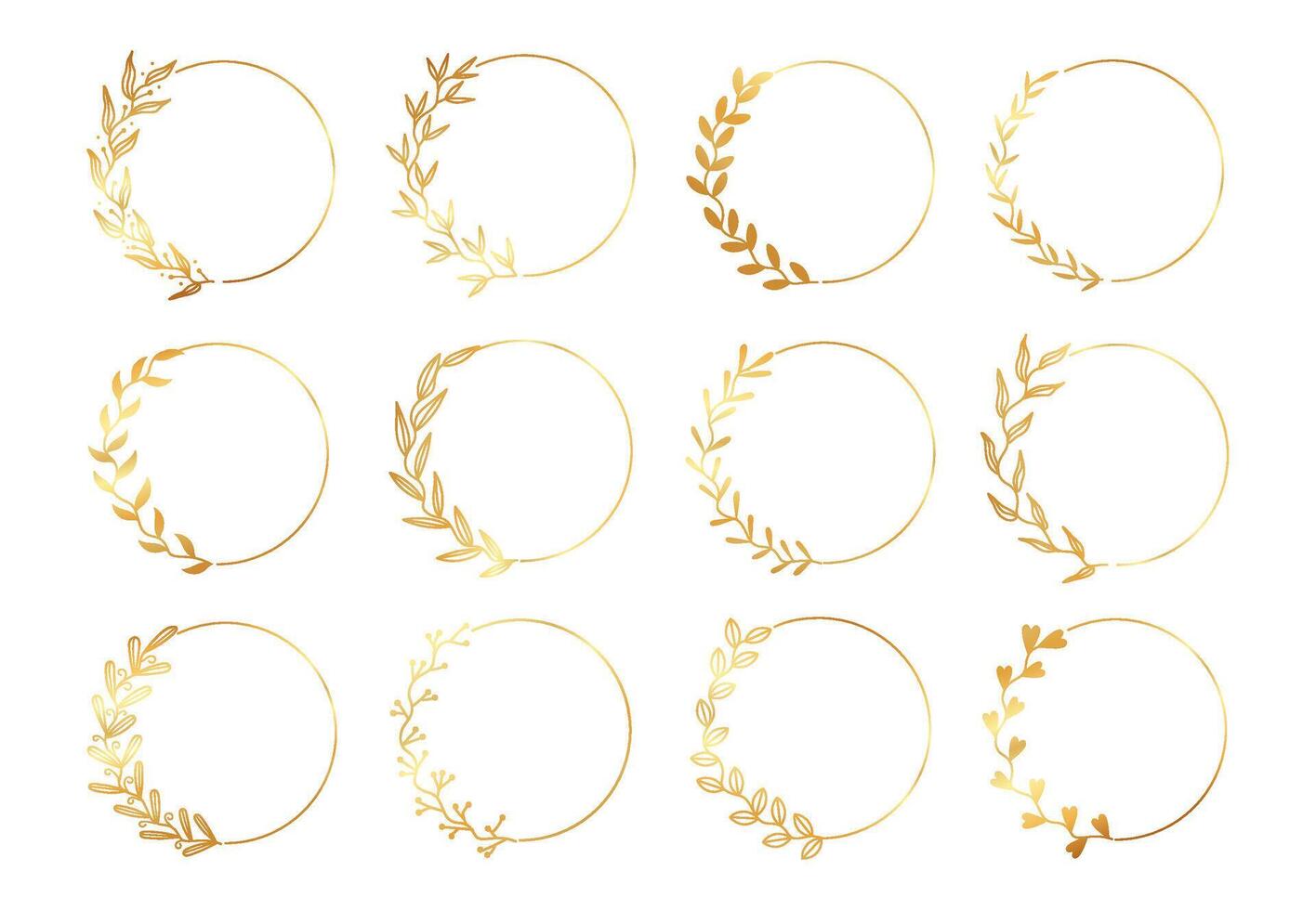 Gold circle floral frames. Ornaments botanical wreath with leaf and plants. Vintage round flower border. Decorative elements for emblems, cards design. set vector