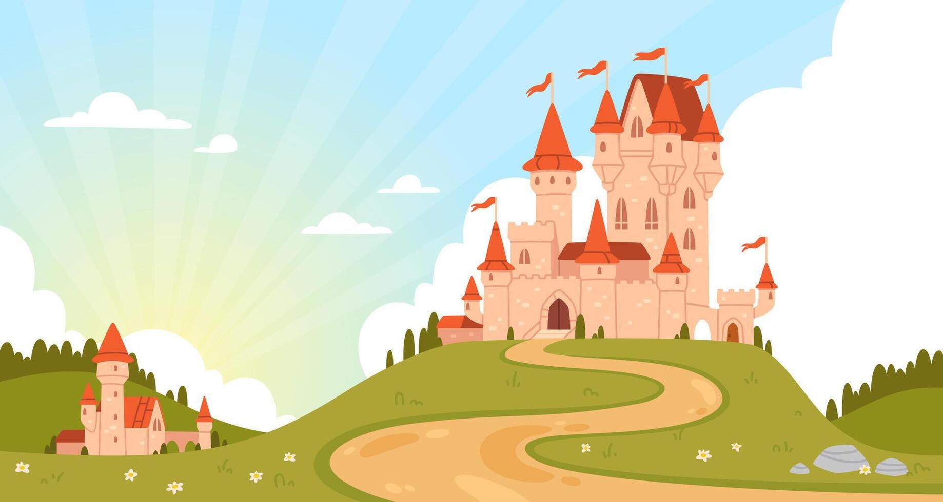 Fairy castle landscape. Cartoon magic rose palace on greem hill. Fantasy medieval kingdom tower. Fairytale fantasy background with royal princess castle. illustration vector