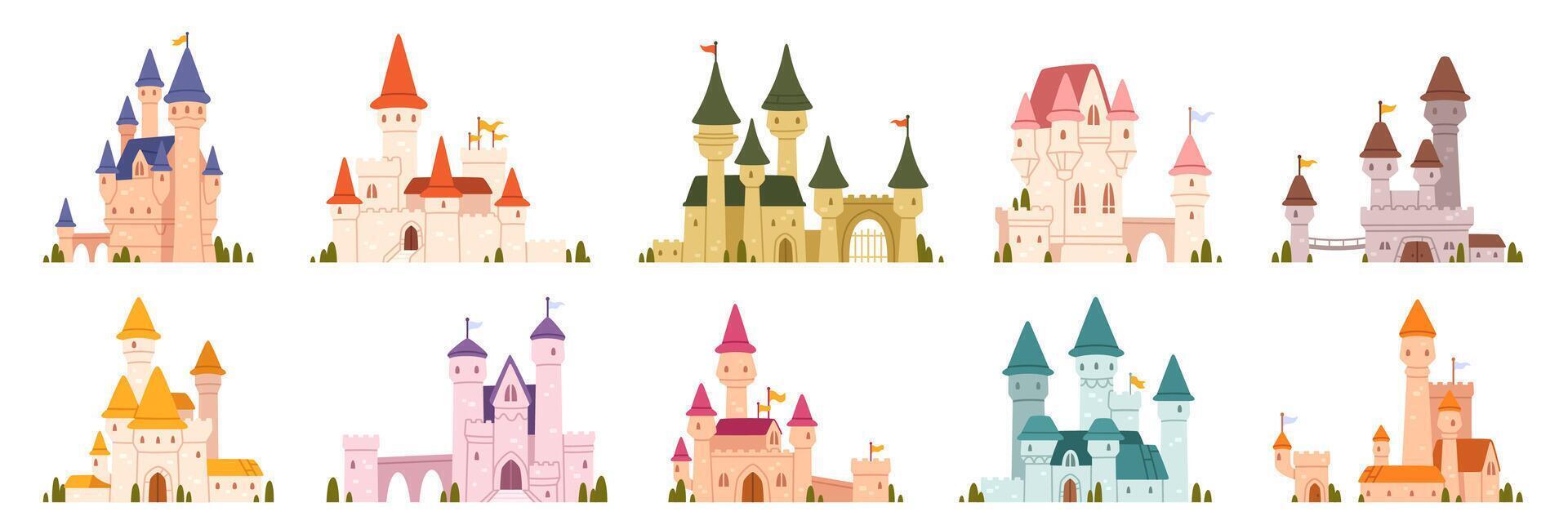Cartoon castles. Fairytale medieval towers. Royal old building place kingdom. Magic stone castle exterior with tower fortress and citadel. King and queen palace. set vector