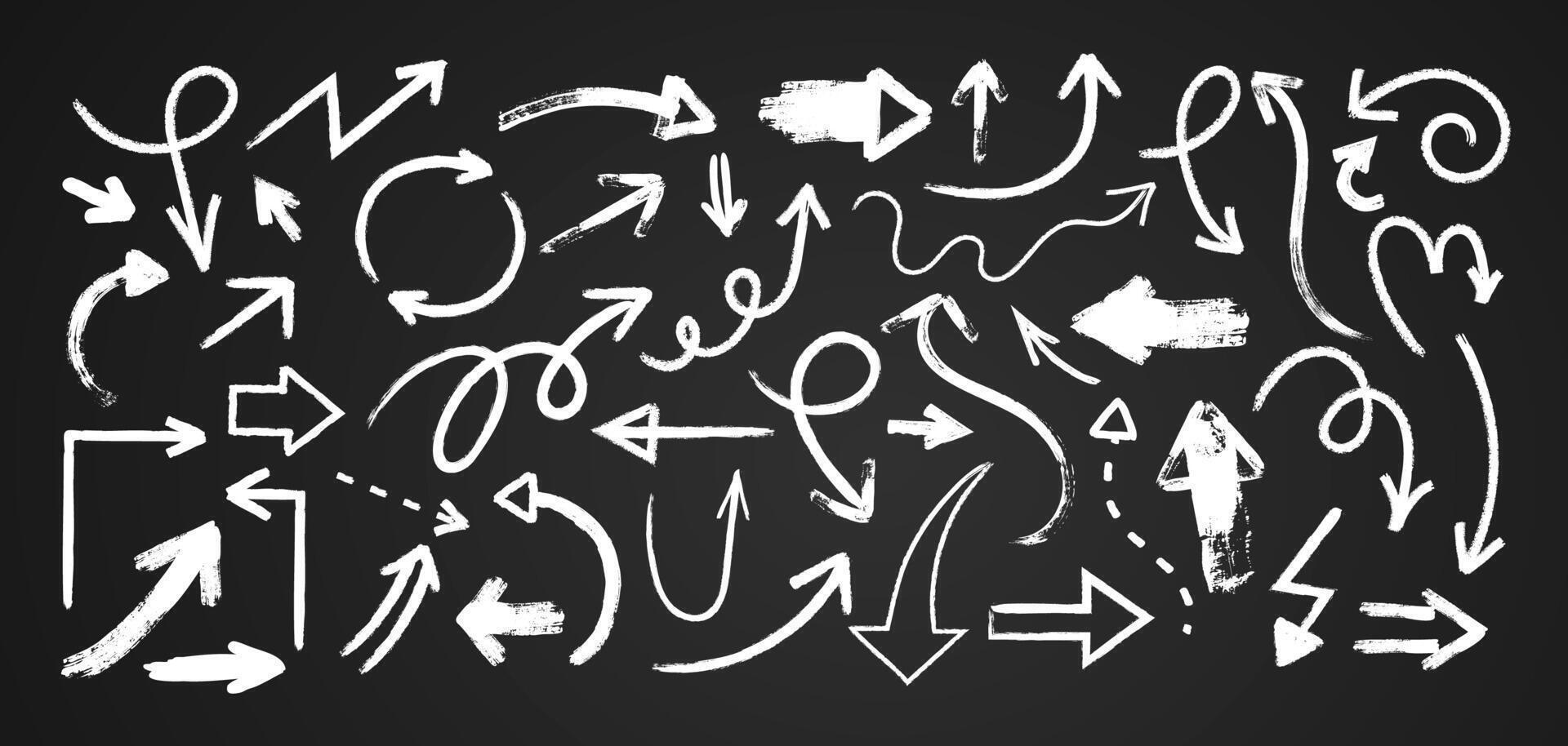 Chalk hand drawn arrows. Sketch charcoal decorative graphic elements. Chalked white arrow on black board. Doodle lines with different direction. Pencil and marker drawing. set vector