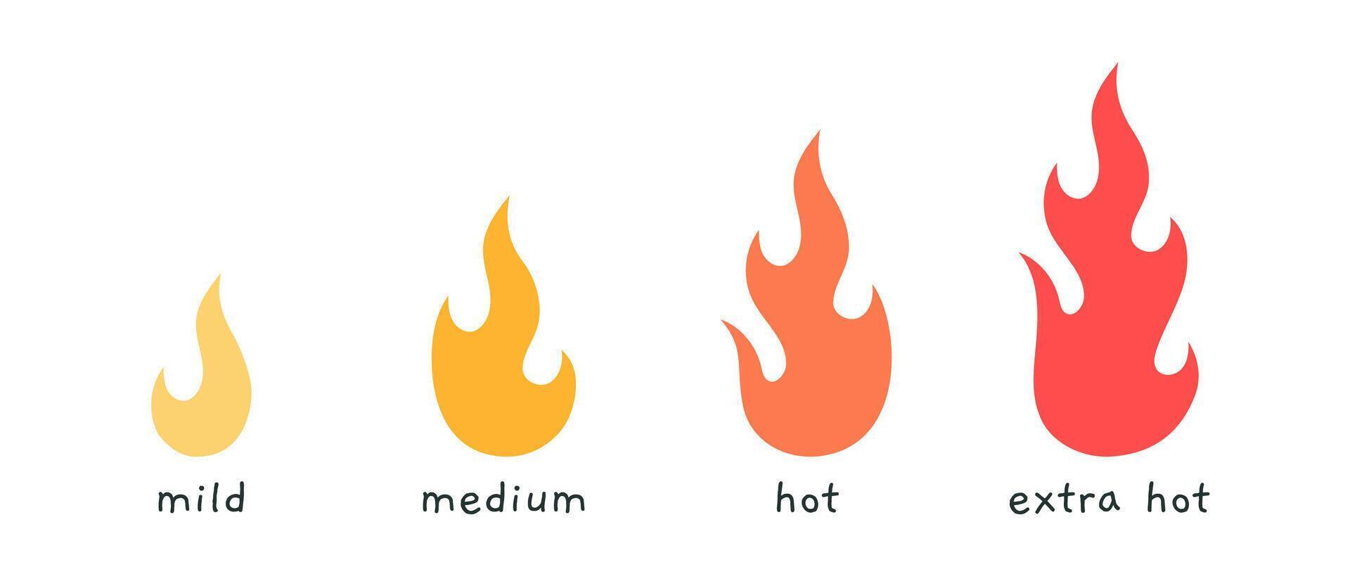 caliente nivel íconos con fuego llamas, leve, medio y extra caliente, dibujos animados estilo. de moda moderno ilustración aislado en blanco fondo, mano dibujado, plano diseño vector