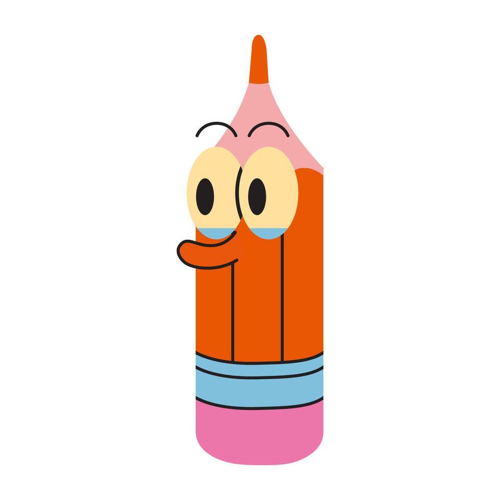 Funny Pencil with eyes, cartoon style, vintage groovy character. Trendy modern illustration isolated on white background, hand drawn, flat design vector